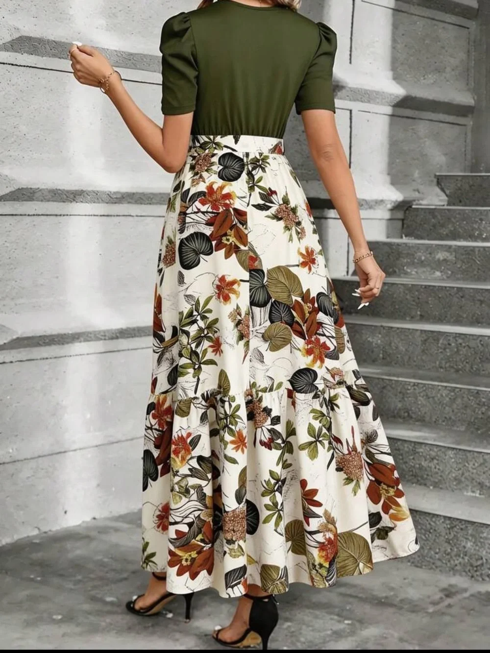 Olive & Cream Floral Tie-Waist Maxi Dress - Picture 2 of 3